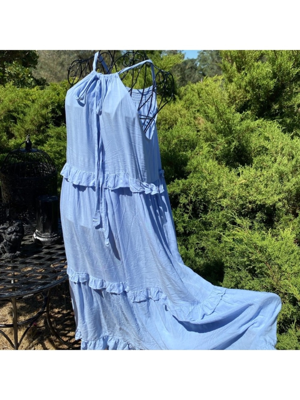 Sleeveless Light Blue Tiered Midi Dress with Tie Neck - Picture 5 of 11